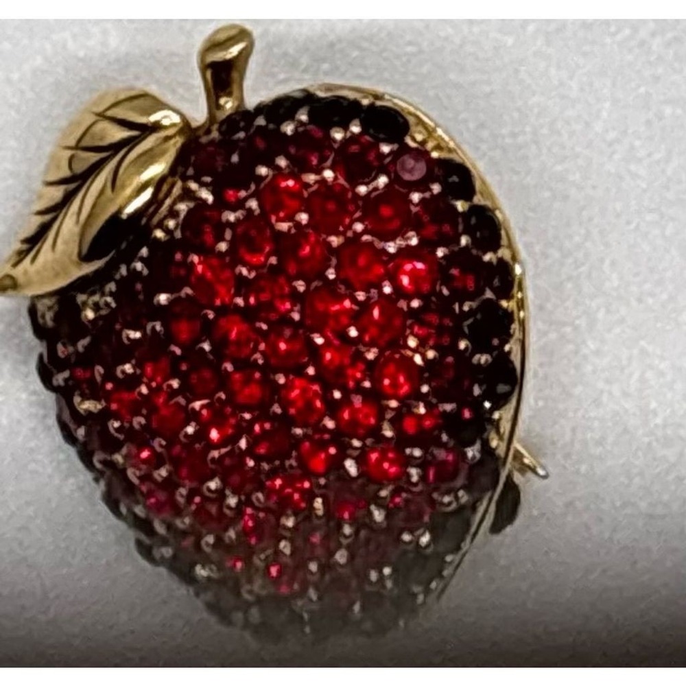 Vintage Monet Gold Tone Red Rhinestoneโ Apple Brooch Pin